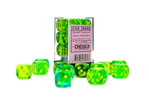 Chessex Dice: Gemini: 16mm d6 Translucent Green-Teal/yellow Dice Block (12 dice)