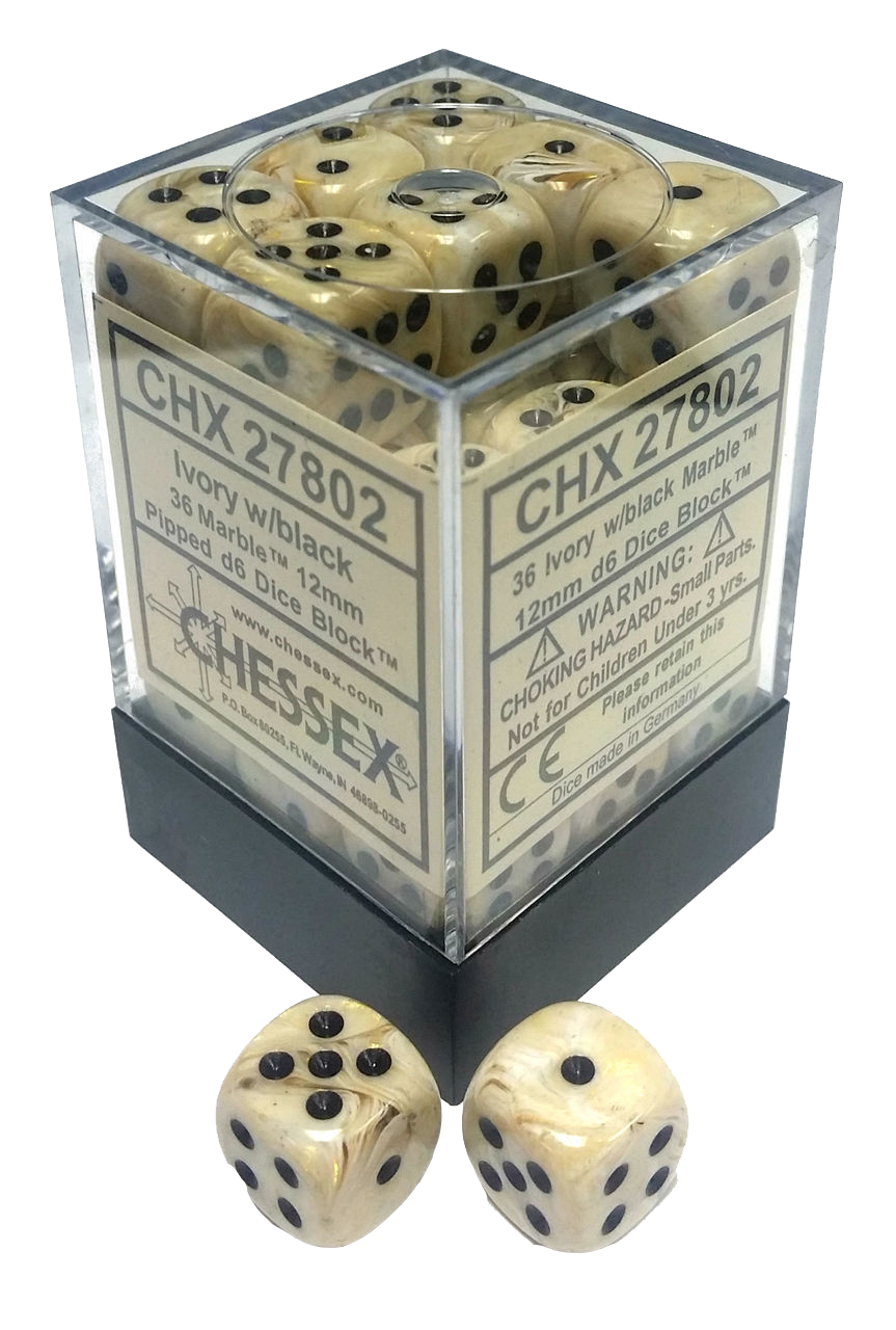 Chessex Dice: Marble 12mm D6 Ivory/Black (36)