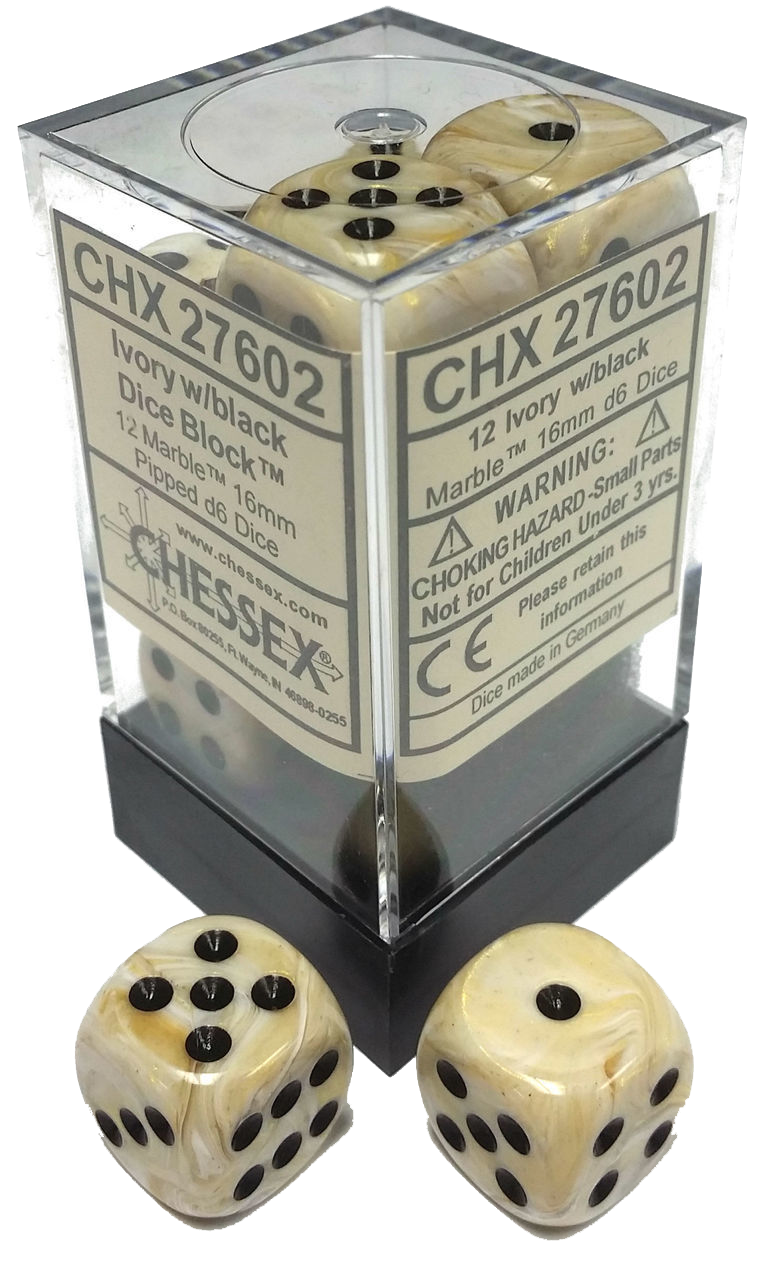 Chessex Dice: Marble: 16mm D6 Ivory/Black (12)