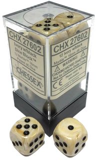 Chessex Dice: Marble: 16mm D6 Ivory/Black (12)