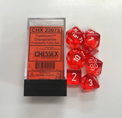 Chessex Dice: Translucent: Poly Orange/White Revised 7-Die set
