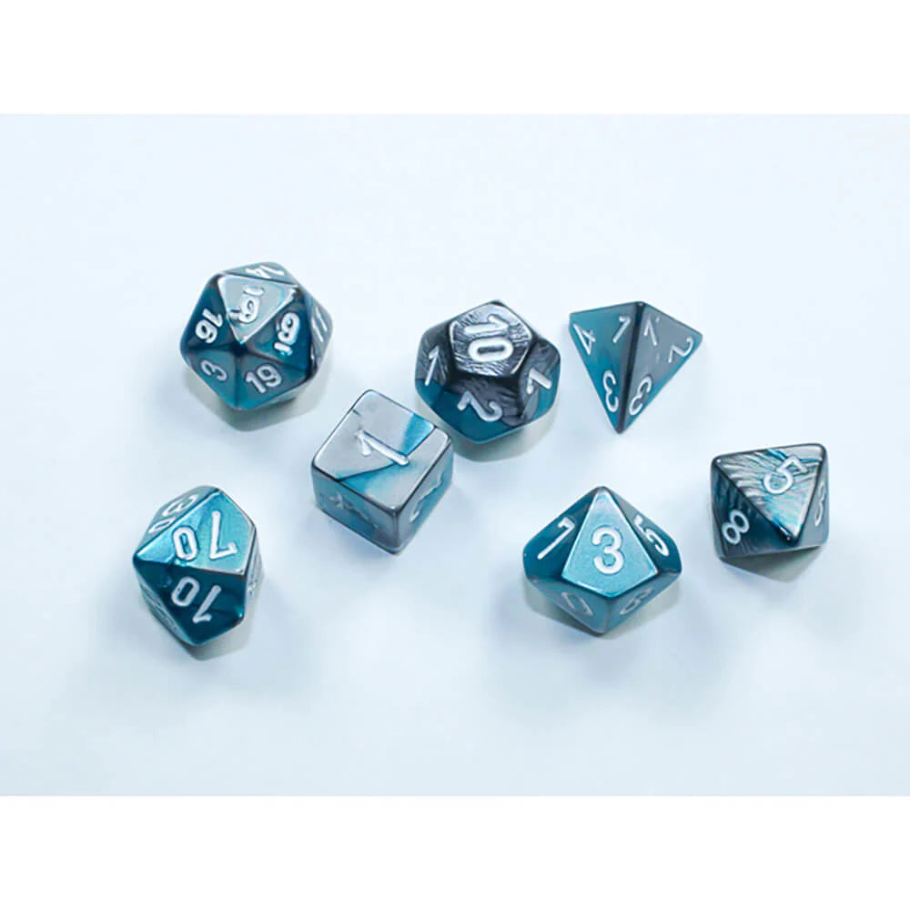 Chessex Dice: Gemini: Mini-Polyhedral Steel-Teal/White 7-Die Set