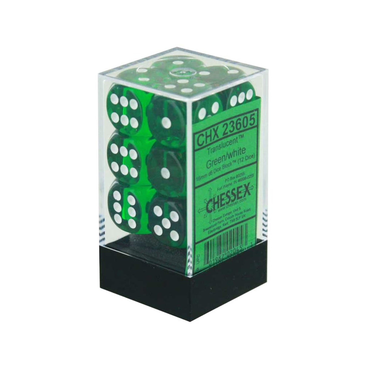 Chessex Dice: Translucent: 16mm D6 Green/White (12)