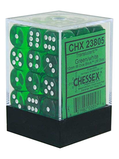 Chessex Dice: Translucent: 12mm D6 Green/White (36)
