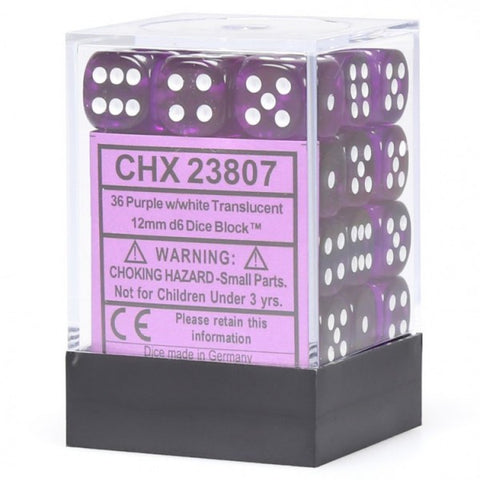 Chessex Dice: Translucent: 12mm D6 Purple/White (36)