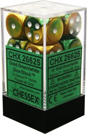 Chessex Dice: Gemini: 16mm D6 Gold Green/White (12)