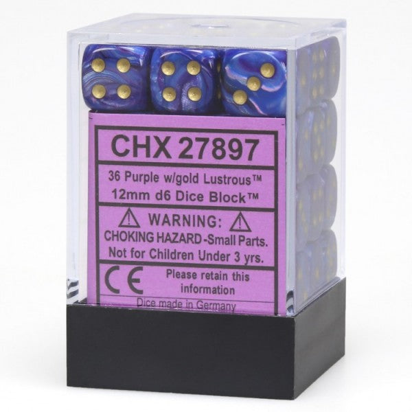 Chessex Dice: Lustrous: 12mm D6 Purple/Gold/Black (36)