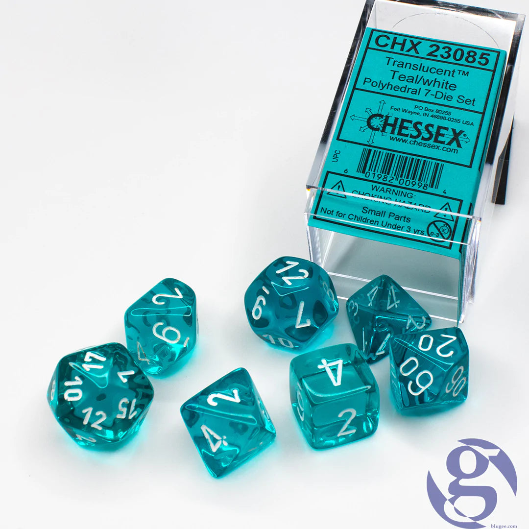 Chessex Dice: Translucent: Poly Teal/White Revised 7-Die set