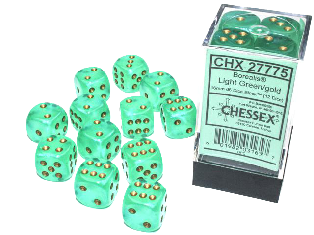 Chessex Dice: Borealis: 16mm Light Green/gold Luminary Dice Block (12)
