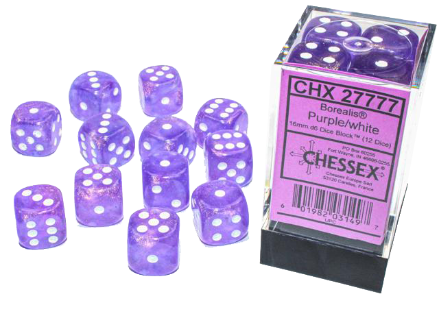 Chessex Dice: Borealis: 16mm Purple/white Luminary Dice Block (12)