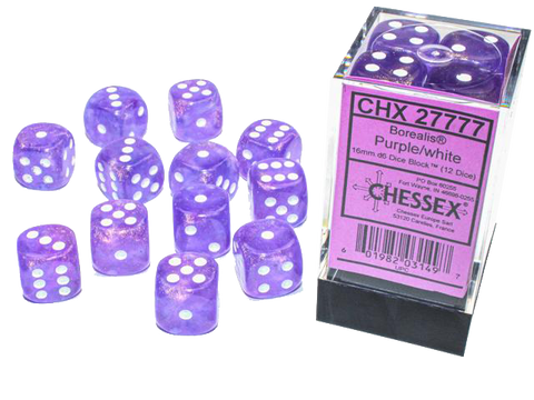Chessex Dice: Borealis: 16mm Purple/white Luminary Dice Block (12)