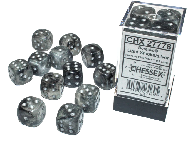 Chessex Dice: Borealis: 16mm Light Smoke/silver Luminary Dice Block (12)