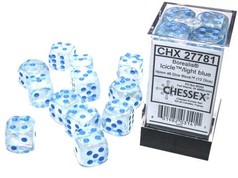 Chessex Dice: Borealis: 16mm Icicle/light blue Luminary Dice Block (12)