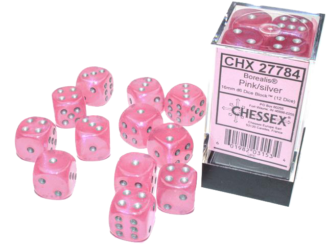 Chessex Dice: Borealis: 16mm Pink/Silver Luminary Dice Block (12)