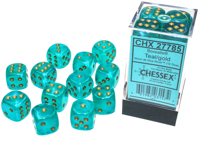 Chessex Dice: Borealis: 16mm Teal/gold Luminary Dice Block (12)