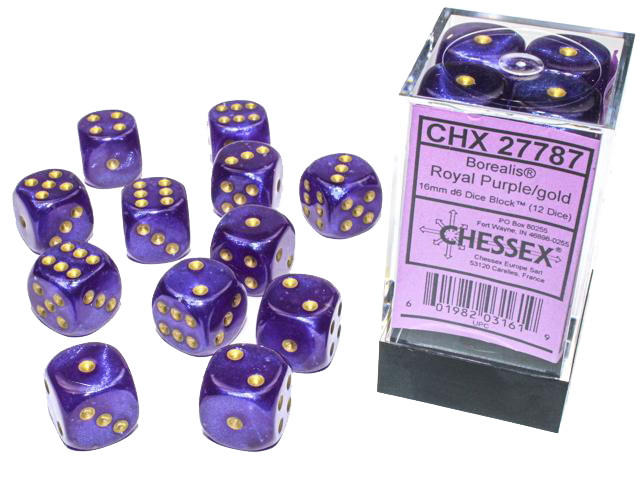 Chessex Dice: Borealis: 16mm Royal Purple/gold Luminary Dice Block (12)