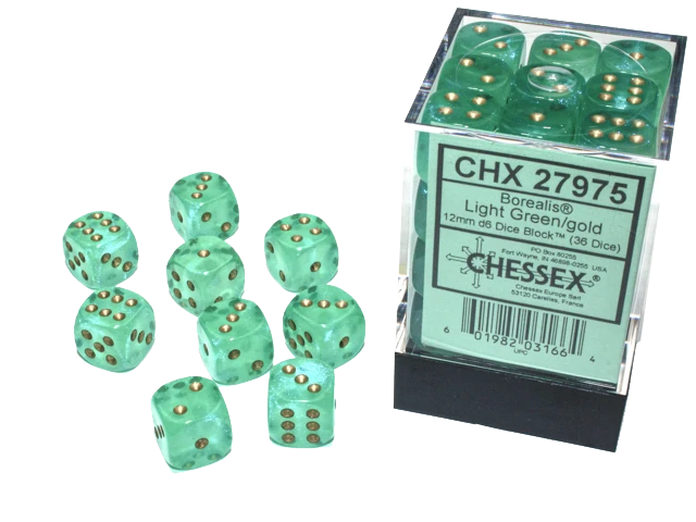 Chessex Dice: Borealis: 12mm Light Green/gold Luminary Dice Block (36)