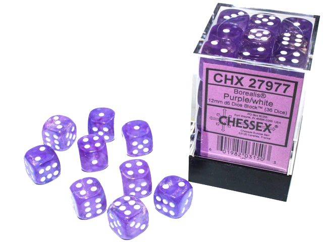 Chessex Dice: Borealis: 12mm Light Purple/white Luminary Dice Block (36)