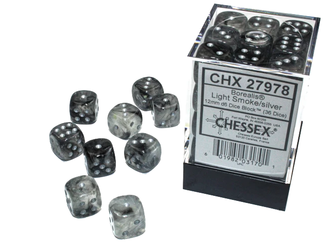 Chessex Dice: Borealis: 12mm Light Smoke/silver Luminary Dice Block (36)