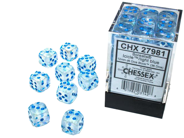 Chessex Dice: Borealis: 12mm Icicle/light blue Luminary Dice Block (36)