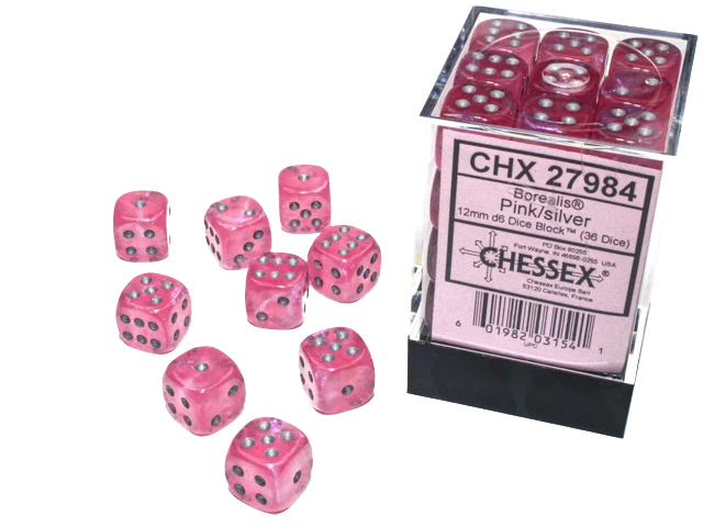 Chessex Dice: Borealis: 12mm Pink/silver Luminary Dice Block (36)