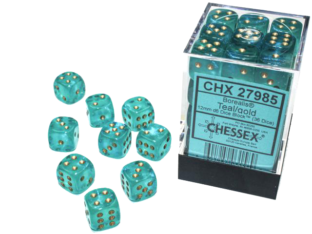 Chessex Dice: Borealis: 12mm Teal/gold Luminary Dice Block (36)