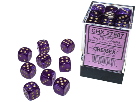 Chessex Dice: Borealis: 12mm Royal Purple/gold Luminary Dice Block (36)