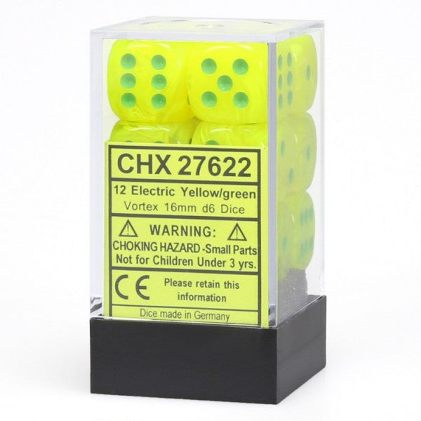 Chessex Dice: 16mm D6 Vortex Electric Yellow/Green (12)