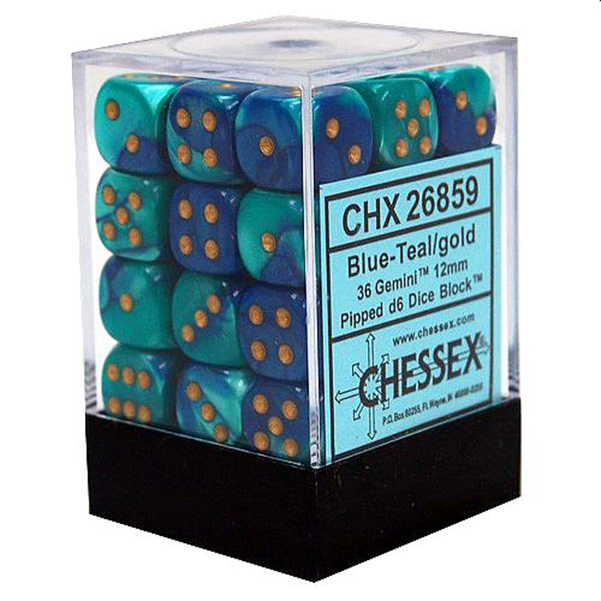 Chessex Dice: Gemini 7: 12mm D6 Blue/Teal/Gold (36)