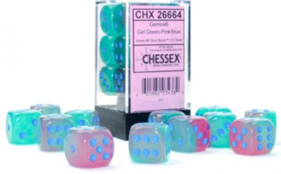 Chessex Dice: Gemini: 16mm d6 Gel Green-Pink/blue Luminary Dice Block (12 dice)