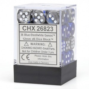 Chessex Dice: Gemini 12mm D6 Blue Silver/White (36)