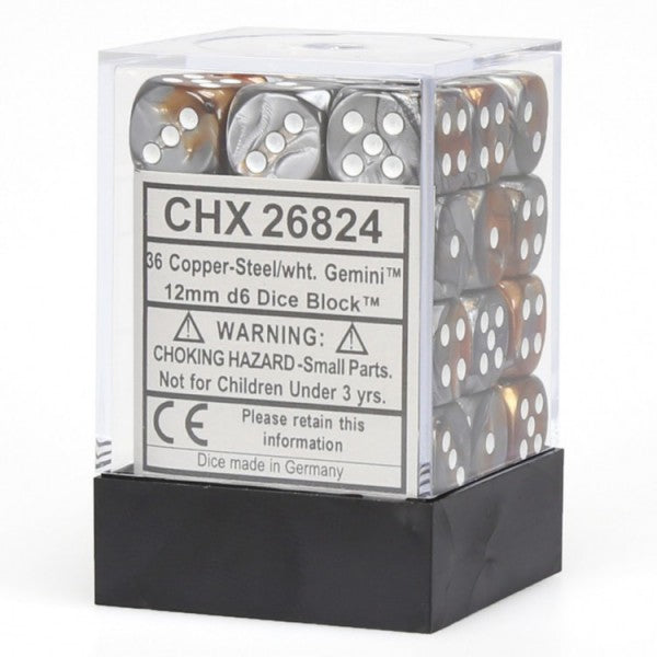Chessex Dice: Gemini 12mm D6 Copper Steel/White (36)