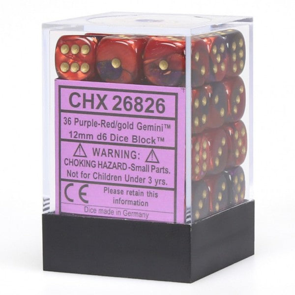 Chessex Dice: Gemini 12mm D6 Purple Red/White (36)