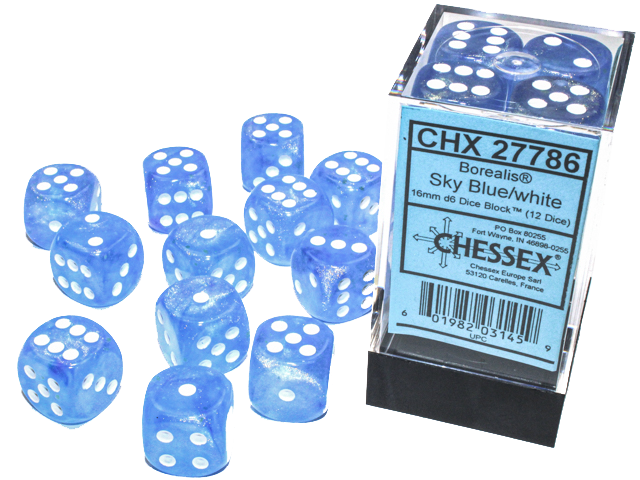 Chessex Dice: Borealis: 16mm Sky Blue/White Luminary Dice Block (12)