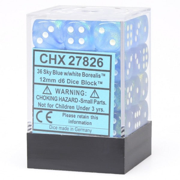 Chessex Dice: Borealis 12mm D6 Sky Blue/White/Black (36)