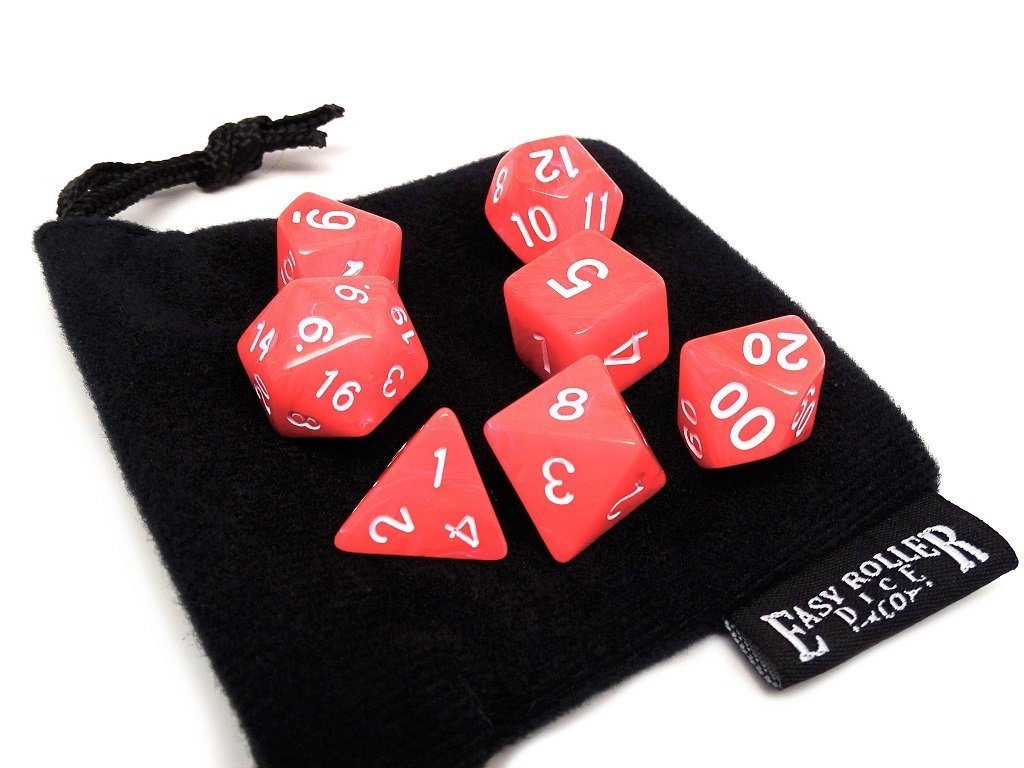 Coral Red Fossil Dice - 7 Piece Set With Bag