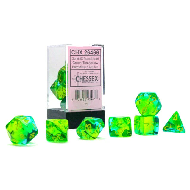 Chessex Dice: Gemini: Poly Translucent Green-Teal/yellow 7-Die Set