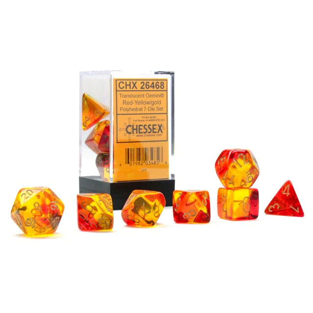 Chessex Dice: Gemini: Poly Translucent Red-Yellow/gold 7-Die Set