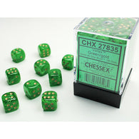 Chessex Dice: Vortex: 12mm D6 Green/Gold/Black (36)