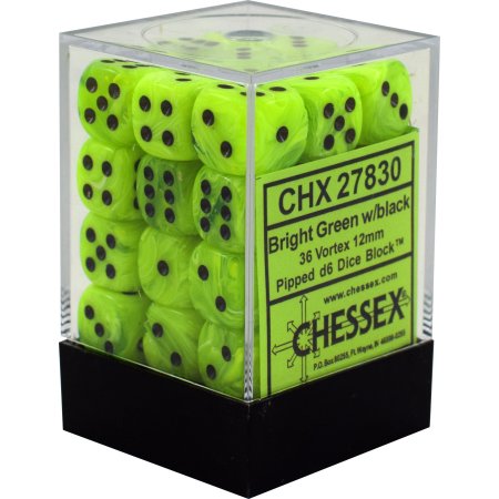 Chessex Dice: Vortex: 12mm D6 Bright Green/Black (36)