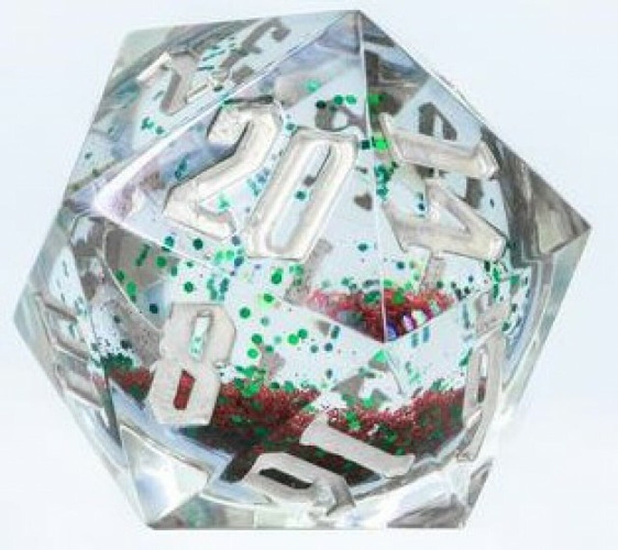 Snow Globe: 54mm D20 - Silver Ink Silver Glitter Red and Green Snowflakes